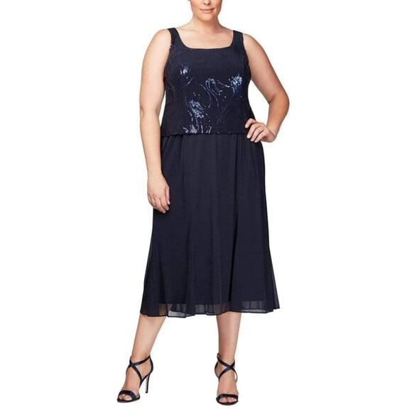 ALEX EVENINGS Chiffon & Sequin Dress & Jacket Set 18W Navy Blue Formal NWT - Picture 2 of 15